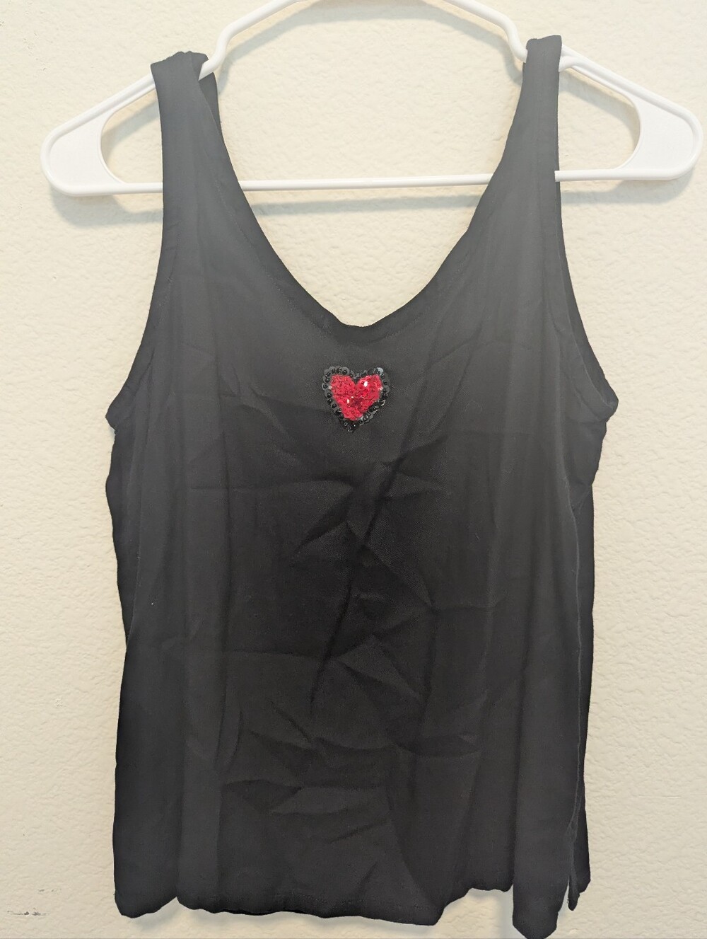 Black Womens Tank Top with Red Sequin Heart